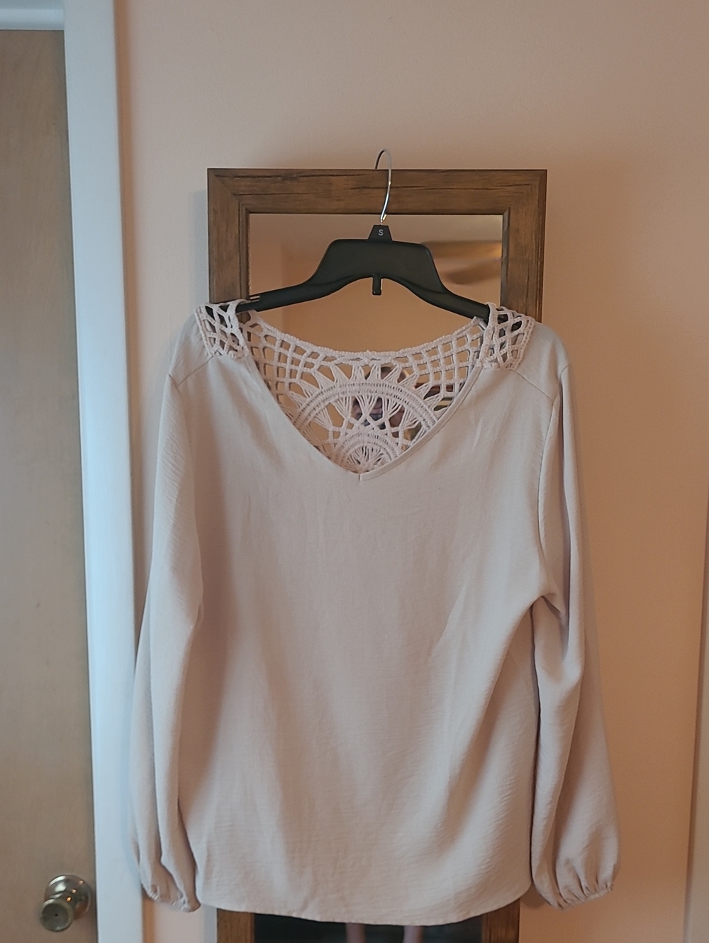 Women's Cream Crochet-Back Long Sleeve Top